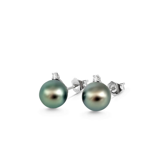 Tahiti Pearl Earrings 9-10 mm, Natural Diamonds & 18K White Gold