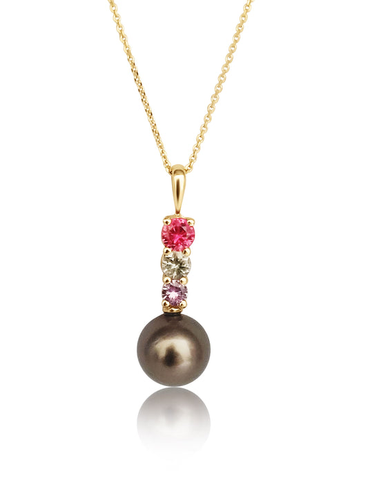 Tahiti Pearl 9-10 mm, Natural Sapphires, 9K Gold Pendant