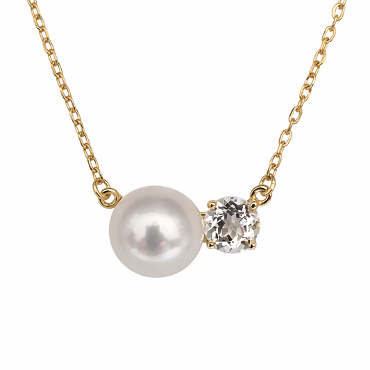 Cultured Pearl and White Topaz Pendant, 925 Sterling Silver Plated in Yellow Gold, 8mm Round Pearl, 45cm Adjustable Chain