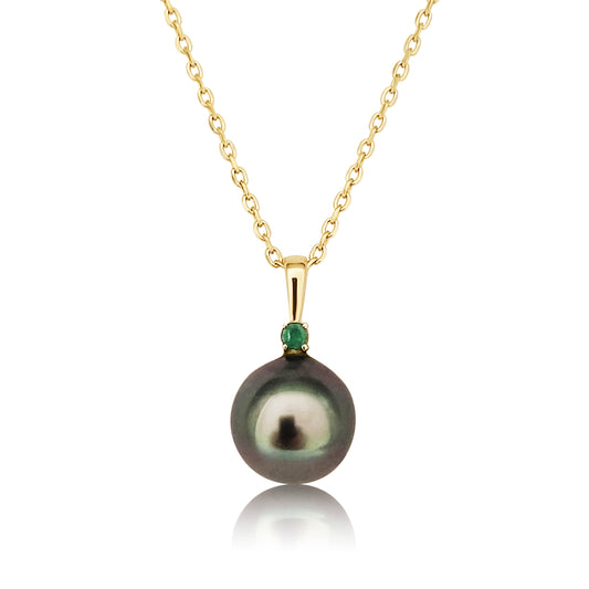 Tahiti Pearl, Emerald, 9K Gold Pendant Necklace