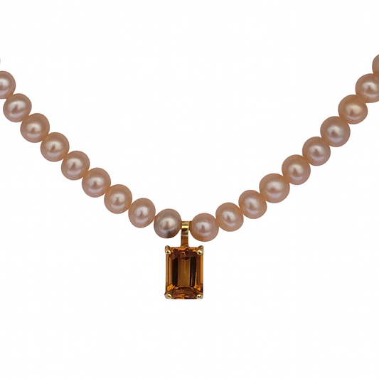 A Cultured Pearls Necklace and Pendant of Citrine Precious Stone, 18K Yellow Gold